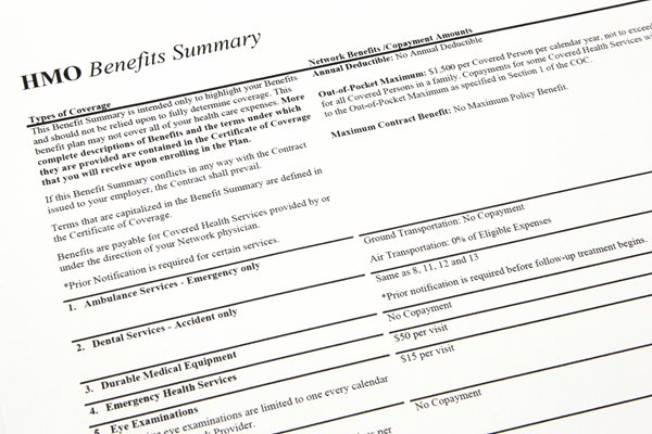 Close-up of a benefits summary document