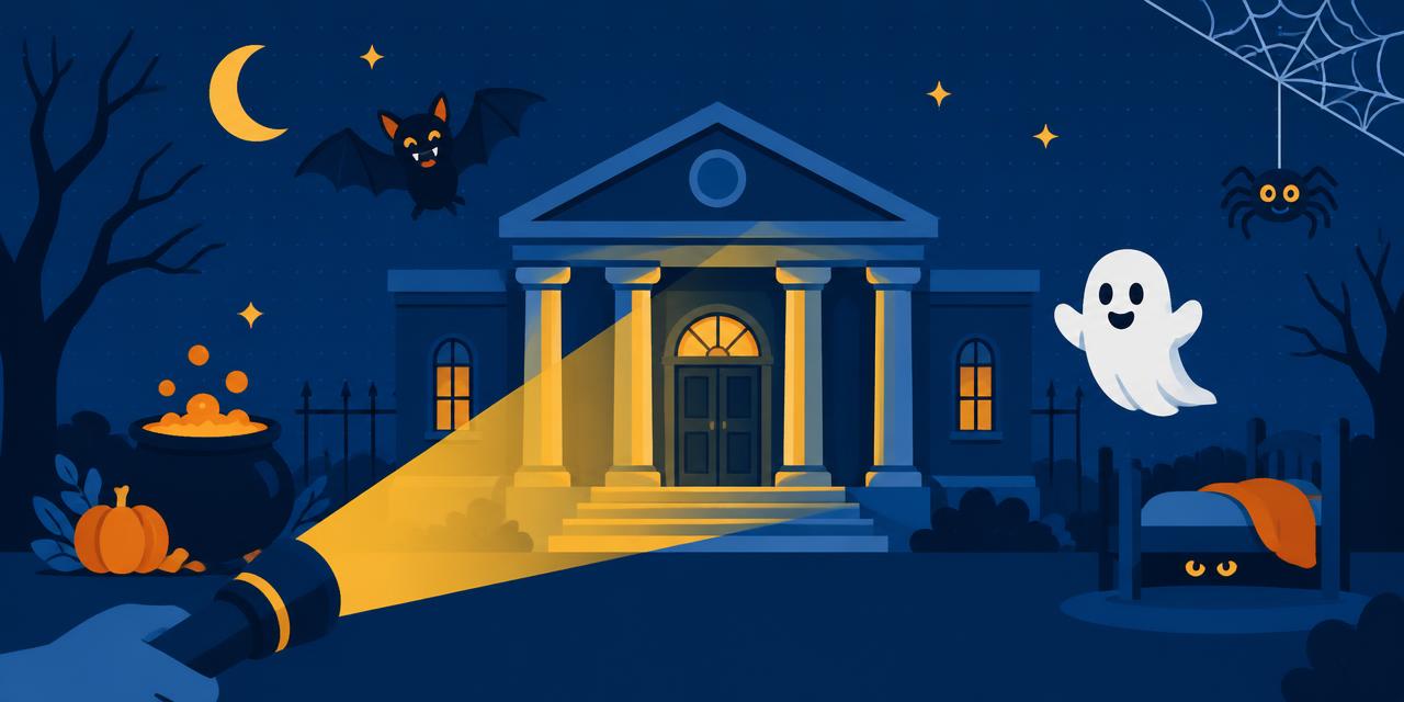 Flat Halloween illustration of a credit union building at night lit by a flashlight beam, with a cauldron, bat, spider, friendly ghost, and eyes peeking from under a bed.